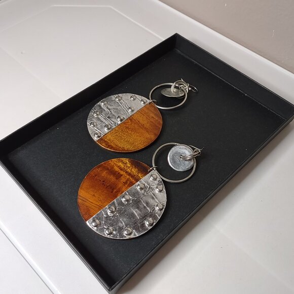 Very Large Wood And Metal Dangle Earrings - Picture 12 of 16